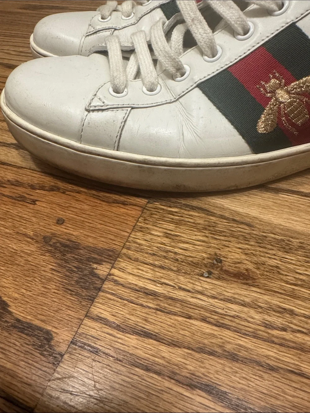 Gucci White Leather Sneakers Red & Green Stripe and Gold Bee. Ace Embroidered